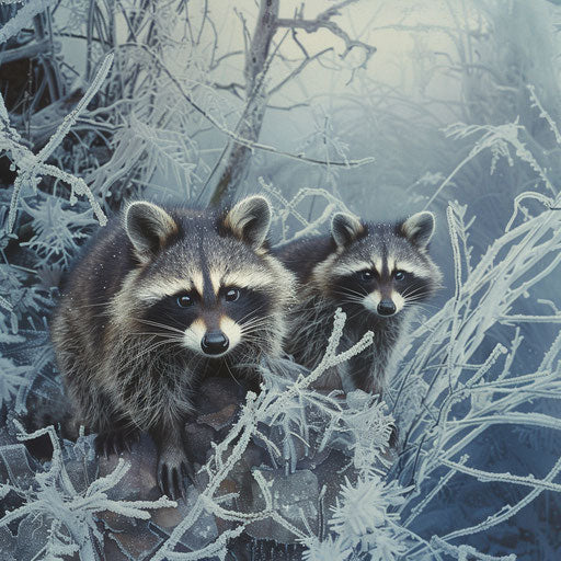 Raccoons in a frosty winter landscape