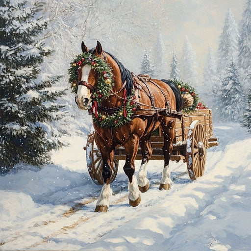 Sturdy draft horse pulling a snowy wagon