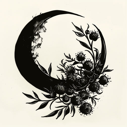 Bold and dark flat tattoo sketch with a cluster of jagua berries silhouetted against the moon