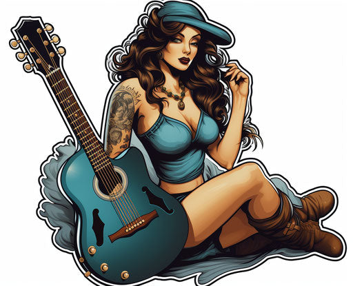 Sticker girl pin-up acoustic guitar vintage