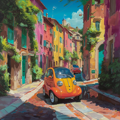 Skyway classics microcar in a vibrant color, navigating through a bustling Mediterranean village, locals waving.