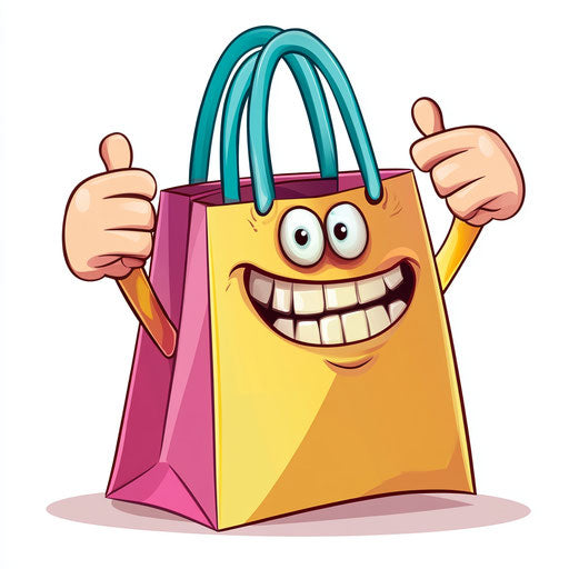 Humorous caricature of a shopping bag with human characteristics