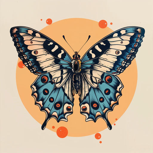 Blue retro butterfly with dots in 1950s pop art style