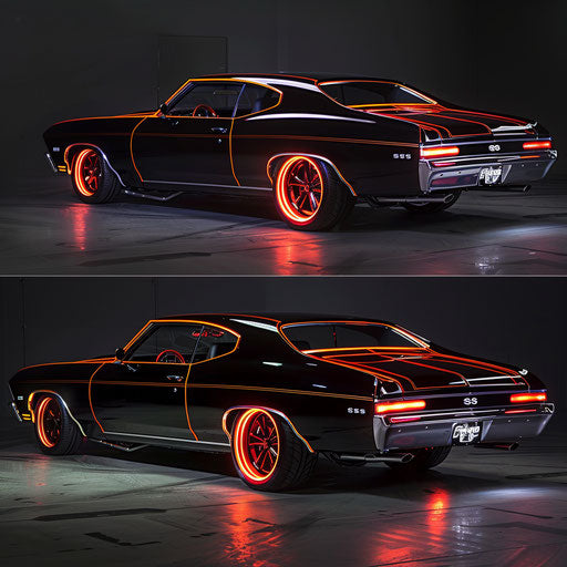 1969 Chevrolet Chevelle SS with neon accents and a retro-futuristic aesthetic