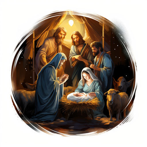 Nativity Scene Clipart in the Style of Chiaroscuro Art, on White Background