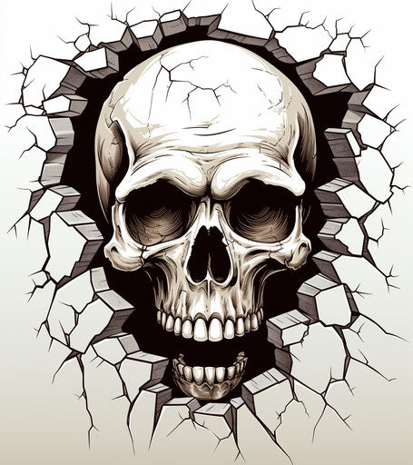 Skulls breaking the wall, pencil art style illustration