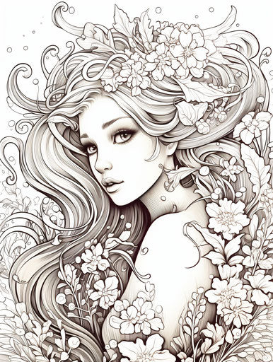 Coloring page of a mermaid princess, coralpunk style