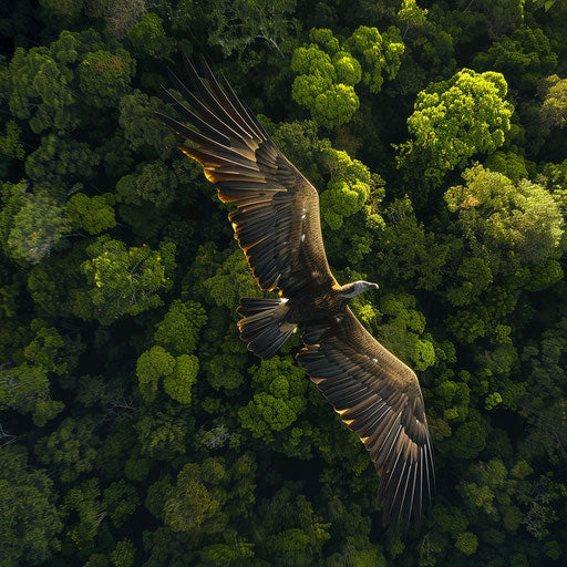 Aerial view of a white-rumped vulture soaring over dense forest