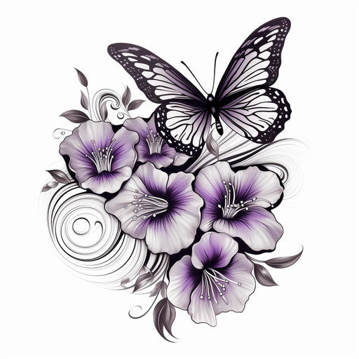 Black and white flowers and butterflies design, Tongan tattoo style