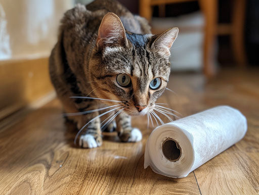 A cat on a wooden floor looking into a paper towel roll
