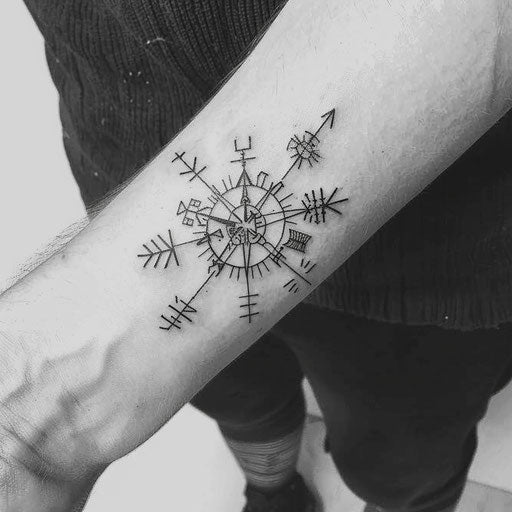 Minimalist black and white tattoo of the Vegvisir, the Norse compass
