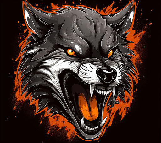 Aggressive wolf mascot icon in dark silver and light orange graffiti style