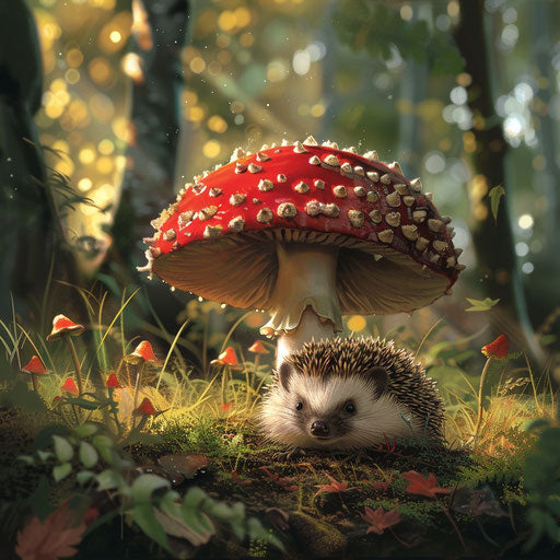 A curious hedgehog behind a mushroom, the forest alive with wonders.