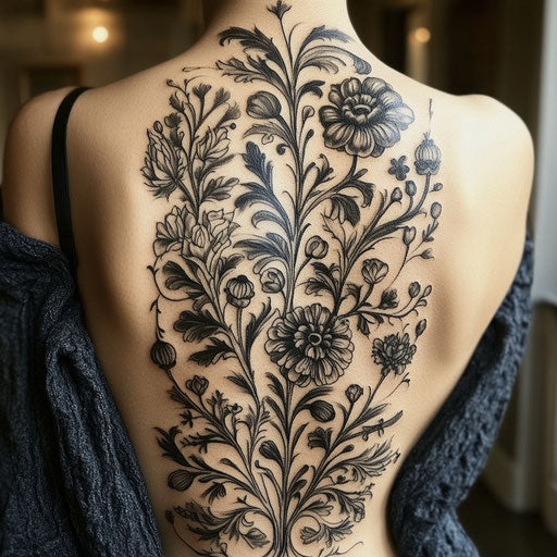 Black and grey tattoo with intricate floral patterns