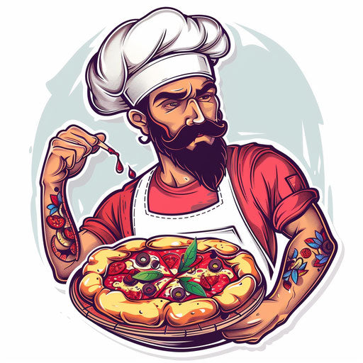 Tattoo of an Italian chef holding a pizza, cartoon style