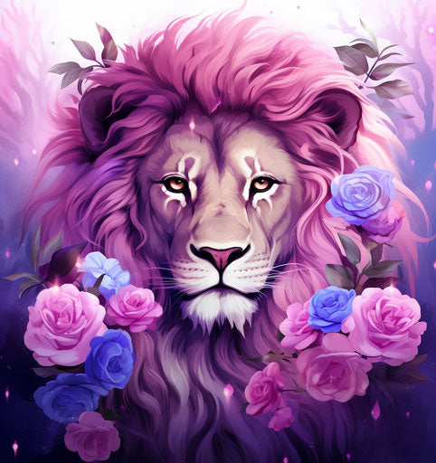 The lion with roses and a banner, powerful symbolism style