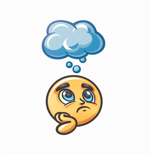 Thoughtful emoticon with speech bubble, clip art 2D