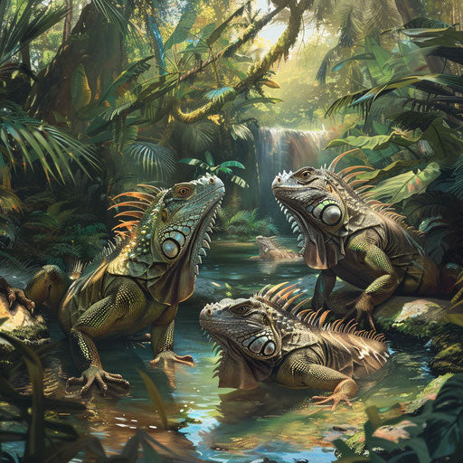 Iguanas around a natural waterhole in a tropical forest