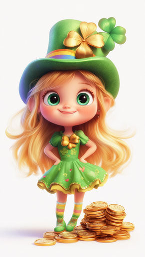 Cute girl in green with rainbow hat and pot of coins