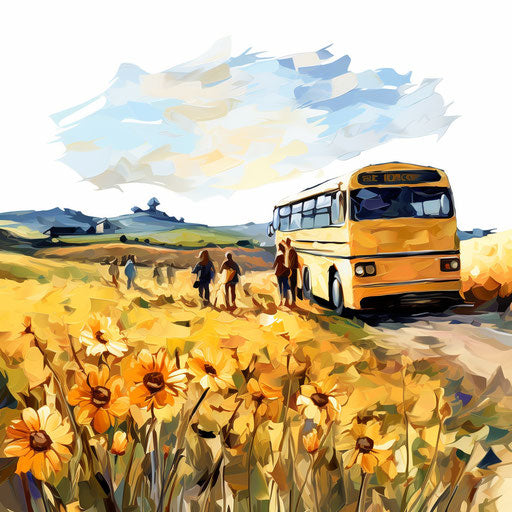 School outing illustration in the style of oil painting on white background