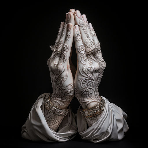 Praying hands tattoo white, aluminum style, symbolic props, group f/64, graceful sculptures