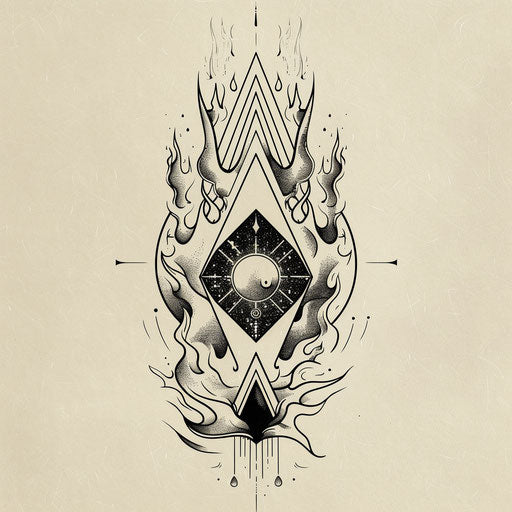 Contemporary flat tattoo design showcasing hell with abstract, geometric fire and brimstone patterns