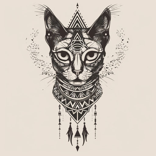 Exotic flat tattoo sketch of Bastet enhanced with traditional African tribal patterns
