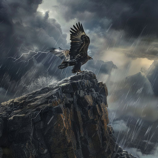 Eagle battling winds atop stormy cliff, rain clouds gather