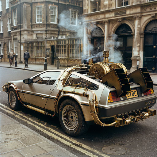 Steampunk vehicle in a Victorian London street