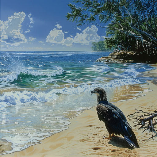 Eagle resting on shore of tranquil beach