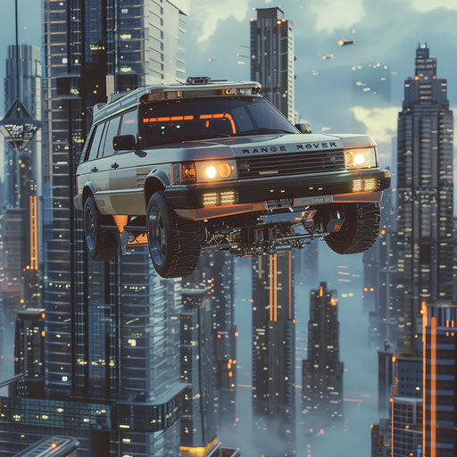 Retro-futuristic Range Rover hovering above a futuristic city