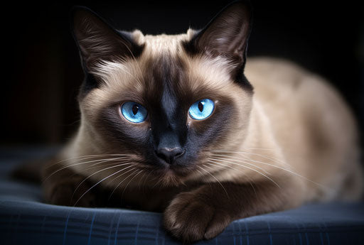 Attractive siamese cat laying down, brown and azure, shiny eyes