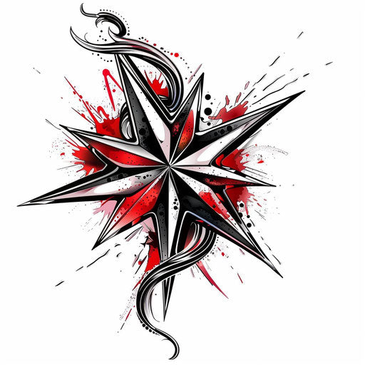 Nautical star tattoo in red and black on white background