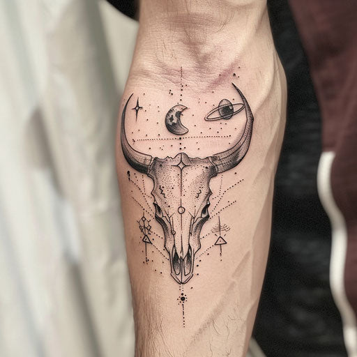 Mystical bull skull with psychic and celestial symbols