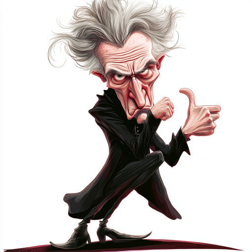 Humorous caricature of a Søren Kierkegaard illustration with human characteristics, exaggerated full lips, big feet, magical atmosphere, vibrant colors, cartoon style, thumbs down, high resolution, no background, isolated -c 40