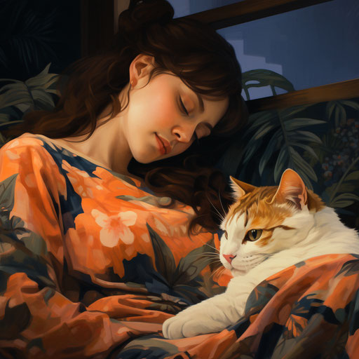 Calico cat asleep on a couch with its owner