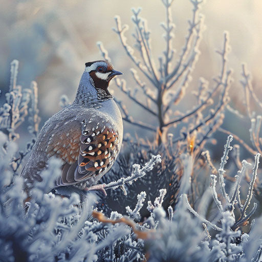 Quail bird in a frosty winter landscape
