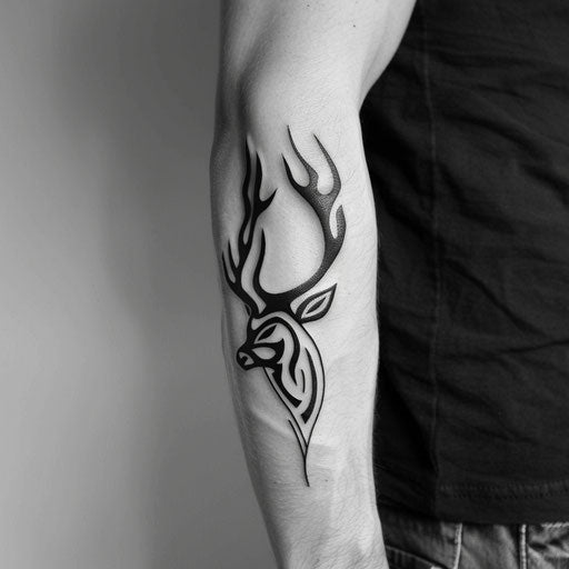 Native American-inspired deer tattoo with tribal patterns