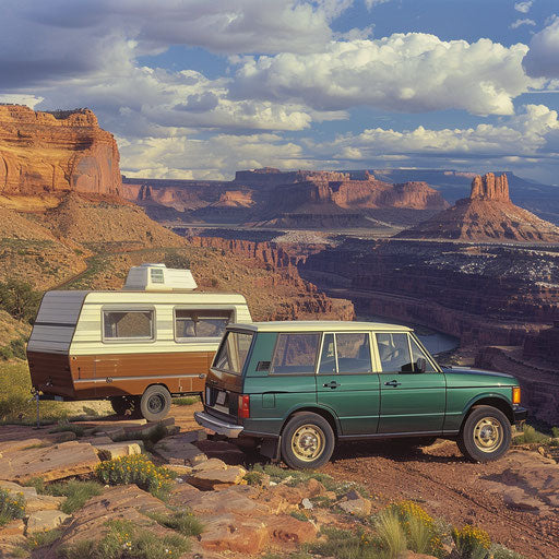 Vintage Range Rover with camper trailer against picturesque national park backdrop