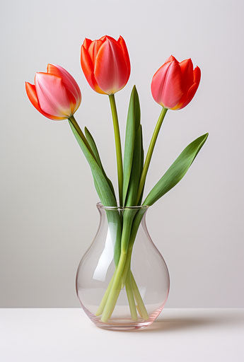 3 red tulips in a vase on white background, rodenstock imagon 300mm f/5.8 style