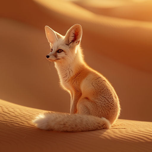 Fennec fox in a golden desert landscape at dusk