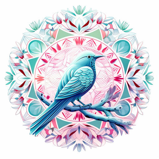 Blue green pink leaf with bird on white background