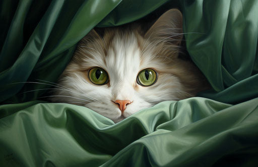 Cat with green eyes on a bed, in light maroon and light brown style