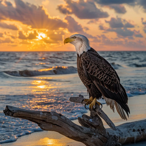 American eagle on driftwood, Gulf beach at sunset