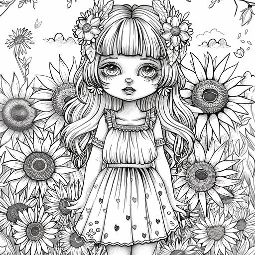 Adorable doll with summer dress and sunflowers, coloring book style