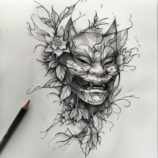 Nature-inspired flat tattoo sketch of a Hannya mask entwined with ivy and flowers