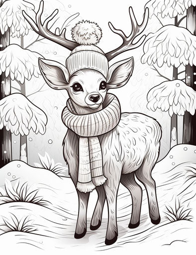 Reindeer coloring page with a scarf and hat