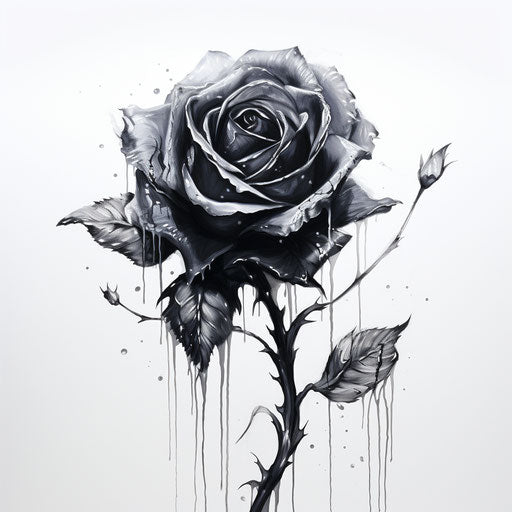 Black rose on white background, hauntingly beautiful style
