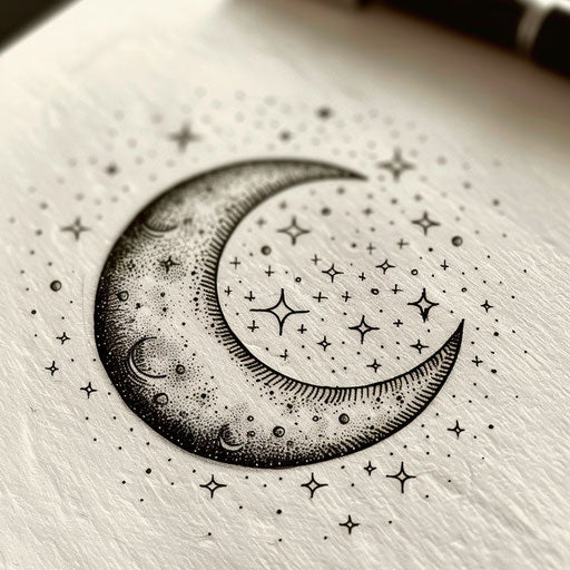 Crescent moon surrounded by twinkling stars, tattoo design