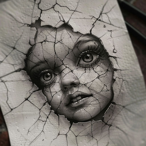 Artistic sketch of a cracked porcelain doll face in micro realism